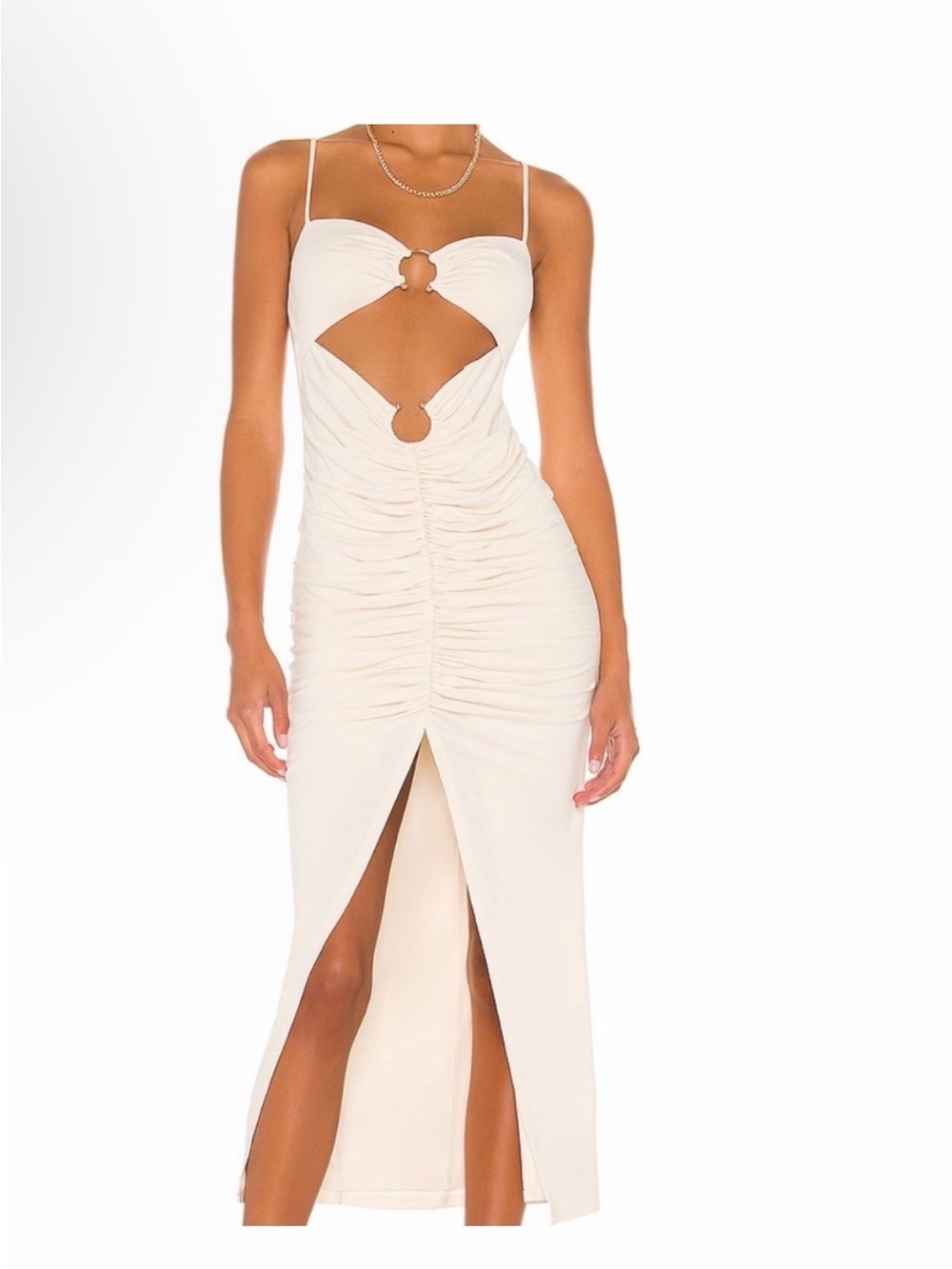 Camila Coelho Ivory Cutout Ruched Midi Dress with Front Slit